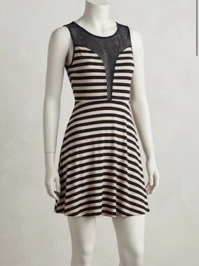 Monteau Black & Cream Striped Mesh Yoke Sleeveless Mini Dress
